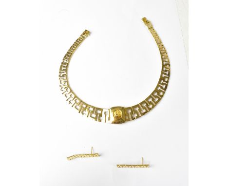 A 14ct gold contemporary necklace of articulated form, the central square roundel with portrait of a Greek bust, within a squ