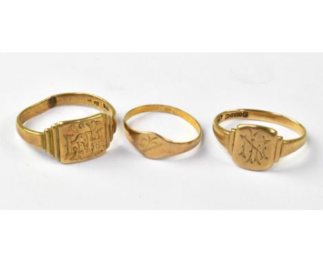 Three vintage 9ct gold rings, each panel inscribed with initials, sizes Q, L and K, combined approx 5.7g (all shanks split). 