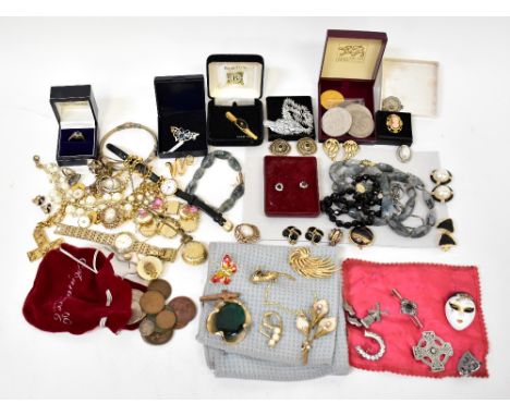 Various items of costume jewellery to include brooches, ladies' fashion watches, cross on gold plated chain, silver bracelet,