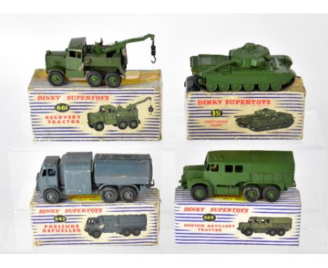 DINKY SUPERTOYS; four boxed military vehicles to include 642 Pressure Refueller Blue, 651 Centurion Tank, 661 Recovery Vehicl