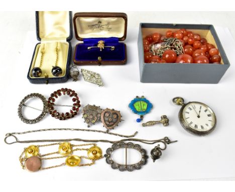 Various modern, vintage and antique costume jewellery, to include a Lincoln Imp brooch, watch, bracelet, banded agate earring