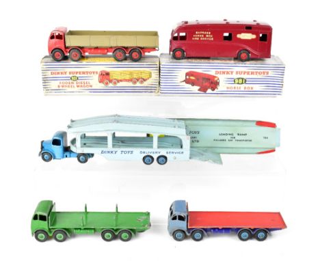 DINKY SUPERTOYS; four wagons to include 901 Foden Diesel 8-Wheel Wagon red cab and dark beige trailer, boxed, 981 Horse Box, 