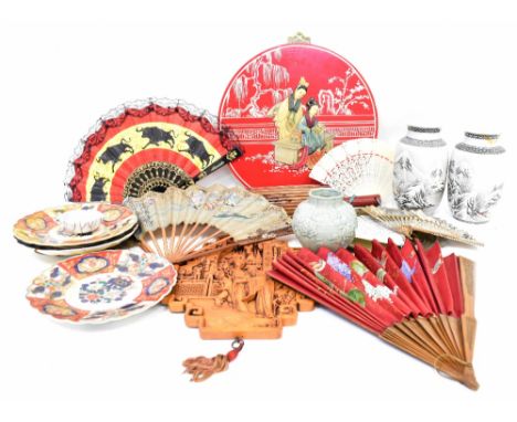 An eclectic collection of Oriental ware to include vintage fans, one silk example hand painted with lilac blossom and birds, 