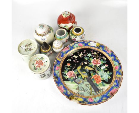 A group of nine late 19th and 20th century ceramics, a Famille Noire charger with central enamel decoration of pheasant with 