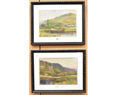 ARTHUR WILKINSON (British, 1860-1930); a pair of watercolours, each depicting cattle grazing on the banks of a river, within 
