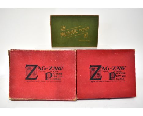 Three vintage wooden jigsaws comprising two Raphael Tuck & Sons Ltd 'Zag-Zaw: The Royal Picture Play Puzzle' titled 'When Day
