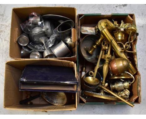 A good quantity of mixed metalware to include brass candlesticks, an oil lamp converted to electricity, onyx and gilt brass m