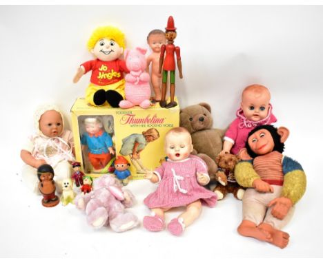 Various modern and vintage figures, soft toys, puppets, etc, to include Rosebud doll, a Red Arrow latex squeaker, a wooden Pi