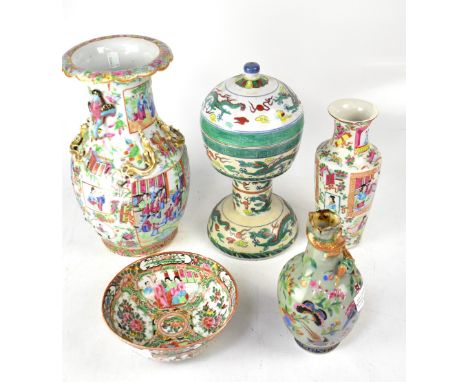 A group of five late 19th/early 20th century Oriental ceramics to include a large baluster vase in the Famille Rose palette w