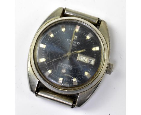 TISSOT; a gentlemen's vintage 'Seastar' automatic wristwatch head, the blue dial set with raised baton numerals and day/date 