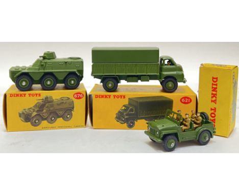 Vintage toys, a group of boxed Dinky military vehicles by Meccano comprising 676 (Armoured Personnel Carrier), 621 (3-Ton Arm