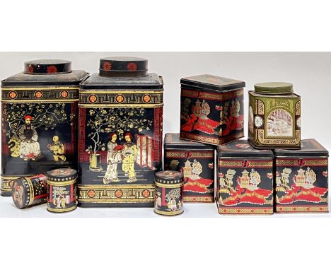 A group of vintage tin plate tea cannisters each decorated with chinoiserie style designs of figures/pagodas comprising three