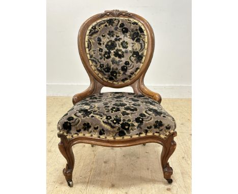 A Victorian walnut bedroom chair with grey/green cut velvet upholstery, button back (h.88cm)