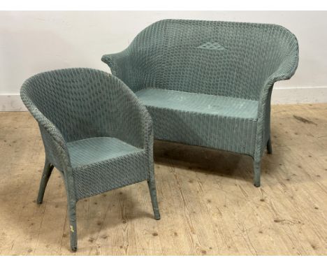 A Loyd Loom style canework sofa and side chair in duck egg blue painted finish (sofa: h. 82cm x l. 113cm x w. 66cm)