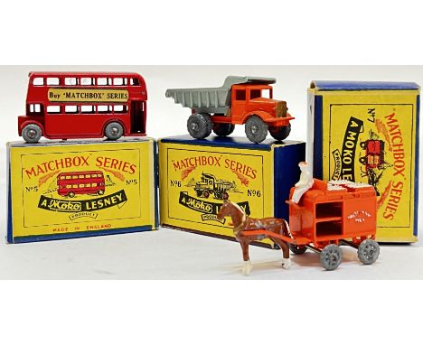Vintage toys, a group of Moko Lesney Matchbox Series toy cars, all with original box, comprising no 5 (Double ecker bus), no 