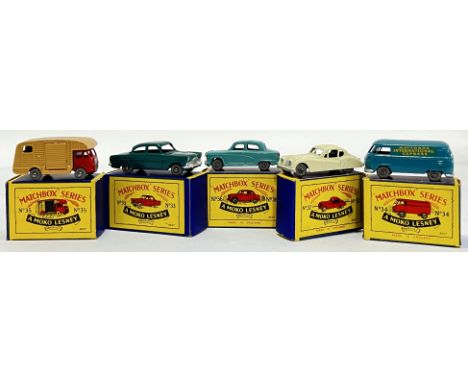 Vintage toys, a group of Moko Lesney Matchbox Series toy cars, all with original box, comprising no 32 (Jaguar XK140), no 33 