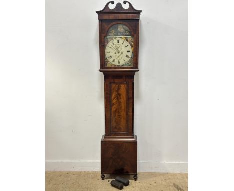A 19thc mahogany longcase clock, John Loudon, Irvine, with painted dial, broken swan neck pediment, complete with weights, mi