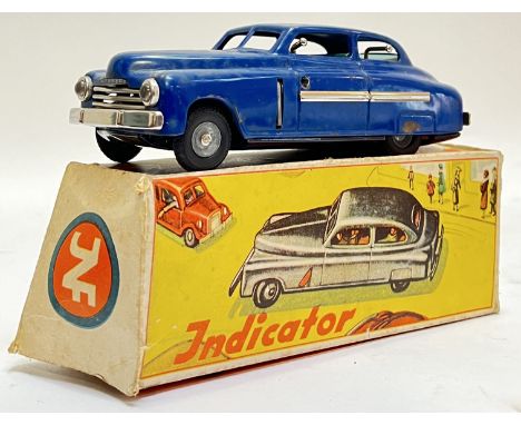 Vintage toys, a charming tin-plate clockwork mechanical JNF Jndicator car toy in blue, with original box (lacking key, marked