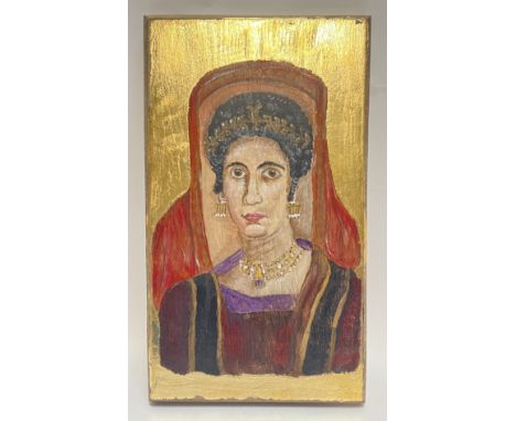 Ramsay Gillies, an Egyptian-inspired Fayum Mummy portrait-style gilt painting of a female figure on wooden support (h- 41cm, 