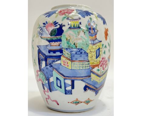 A good Chinese porcelain Kangxi Revival ginger jar decorated in polychrome enamels and underglaze cobalt blue with various an