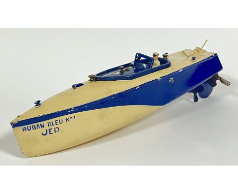 Vintage toys, JEP France, a Ruban Bleu no 1 tin-plate clockwork/mechanical boat in blue (with key, l- 38cm)