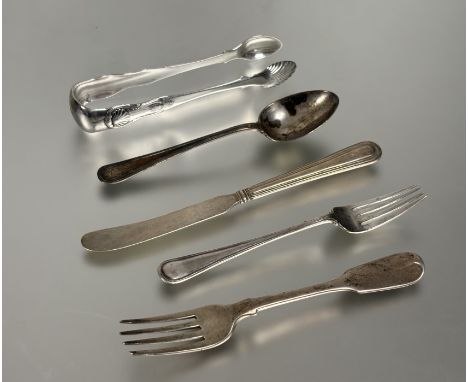 A Birmingham silver three piece christening set of thread design, a pair of William IV Edinburgh silver sugar tongs with shel