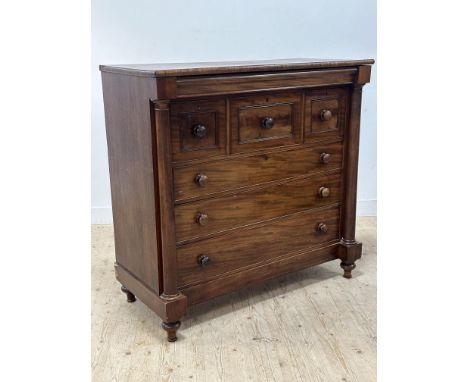 A Victorian mahogany veneered Scotch column chest, fitted a secret cushion drawer and an arrangement of three short and three