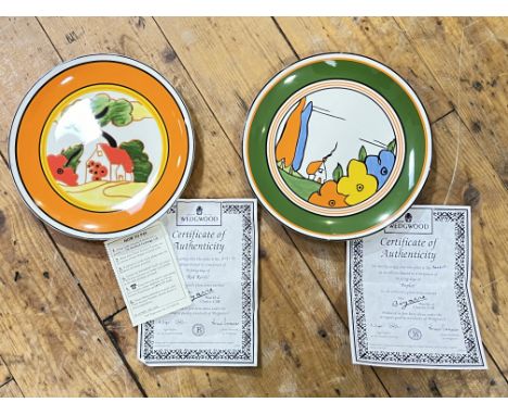 Two Wedgwood collector's plates each with 'Bizarre' design by Clarice Cliff ('Red Roofs' and 'Poplar'), with polystyrene pack