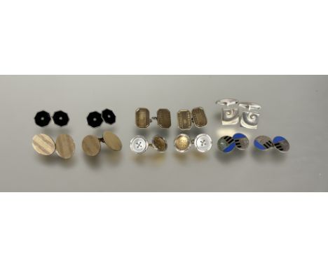 A collection of six pairs of sleeve links to include: a pair of silver gilt engine turned octagonal links, a pair of circualr