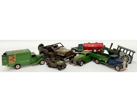 Vintage toys, a group of TRI-ANG and Minic toy cars including mechanical/clockwork examples comprising a Southern Railway van