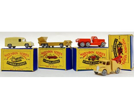 Vintage toys, a group of Moko Lesney Matchbox Series toy cars, all with original box, comprising no 13 (truck/crane), no 14 (