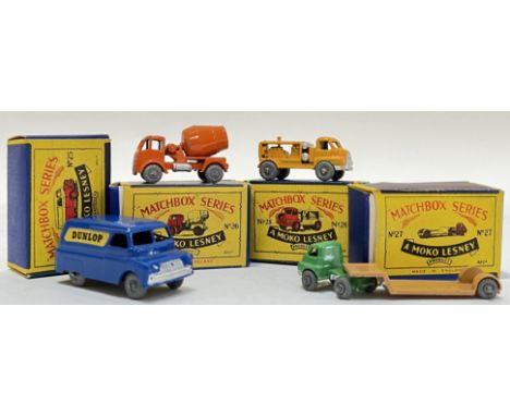 Vintage toys, a group of Moko Lesney Matchbox Series toy cars, all with original box, comprising no 25 (Dunlop van), no 26 (o