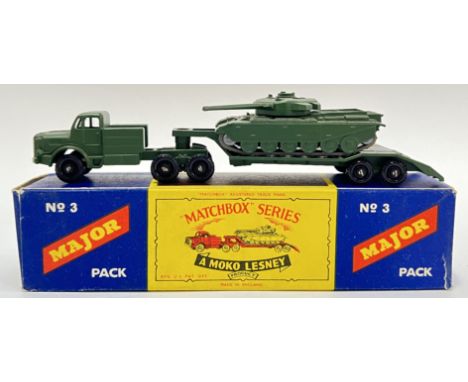 Vintage toys, a Matchbox Series green Tank Transporter with tank (no3) and original box