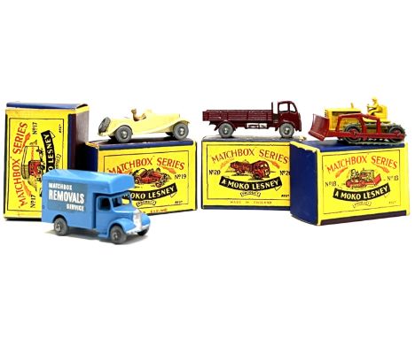Vintage toys, a group of Moko Lesney Matchbox Series toy cars, all with original box, comprising no 17 (blue Matchbox Removal