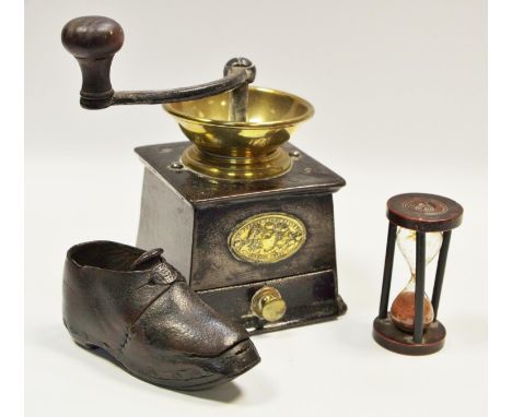 A 19th century child's clog; 19th century hour glass; coffee grinder (3)