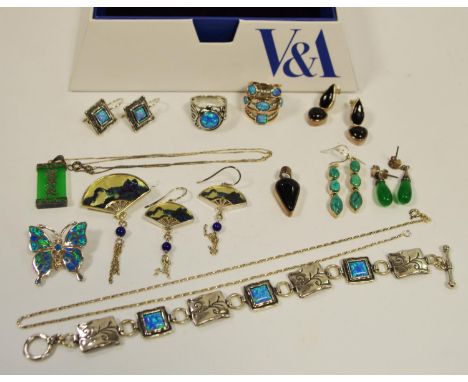 A V&amp;A  silver oriental inspired fan shaped necklace and drop earrings; silver mounted jade necklace and earrings; various