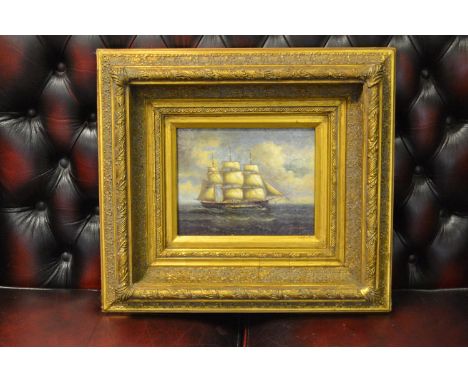 Interior Design - after Fondent, a decorative maritime over brushed print of a clipper ship on the seas housed in a bold gild