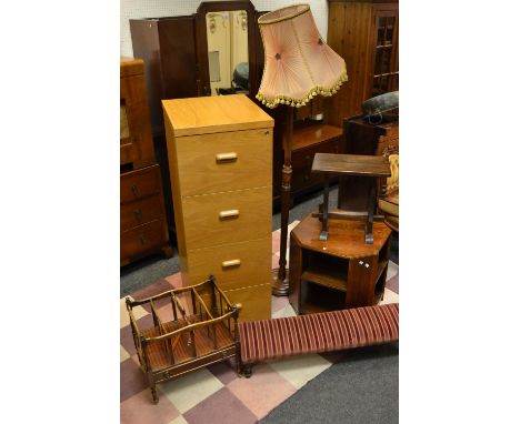 A modern oak effect filing cabinet of four deep drawers 138cm height x 51cm width x 61cm depth; a Victorian style standard la