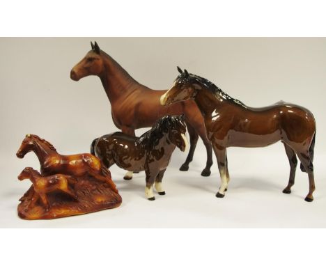 A Beswick chestnut horse; another large (af); a John Beswick calf model etc.