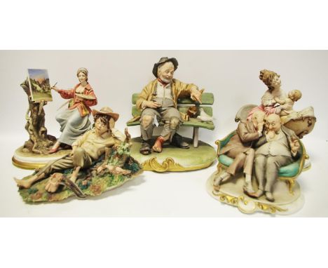 Capo di Monte figures - Fisher boy by Rori; The Artist by Merle; Have You Heads This One by G. Cappe; Mother and Cradle by Me