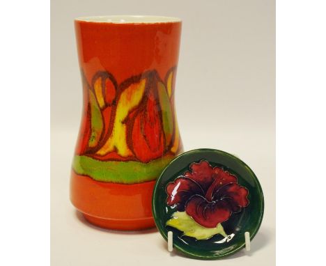 A flared Poole vase, stamped to base marked 83 A signed 'tf'; a Moorcroft Hibiscus pattern pin tray, tube lined, Moorcroft pa