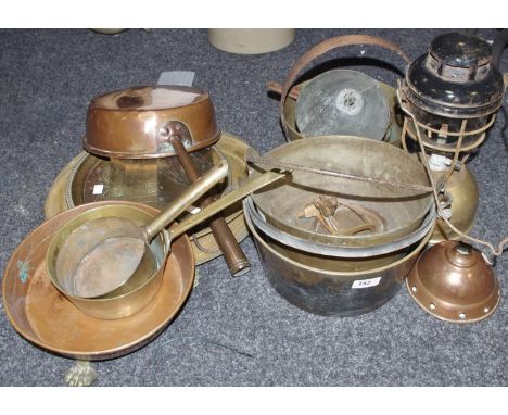 Metalware - 19th century jam pans; copper saucepan; Chinese jewellery box; engraved chargers; Tilley lamp etc.