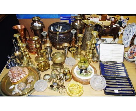 Metalware - George III brass ejector candlesticks; Joseph Sankey &amp; Sons scale pattern water vessel; other candlesticks; s