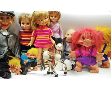 A Pelham Puppet Type A horse with grey tail; an Ideal Toys Giggles doll c.1966; a Palitoy Tippy Tumbles doll with battery pac