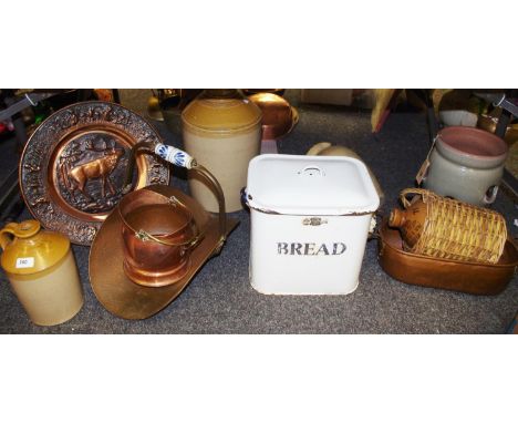 A substantial salt glazed flagon; enamel bread bin; copper ware; strawberry planter,etc 