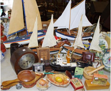 Boxes and Objects - an Art Deco oak cased mantel clock; pond yacht; geological specimens; treen; early 20th century and later