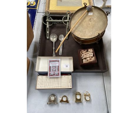 VARIOUS ITEMS TO INCLUDE A DRUM AND STICK, TWO EPNS SPOONS, FOUR MINIATURE CLOCKS, A HORSE BIT, A KUHN KHAN GAME ETC 