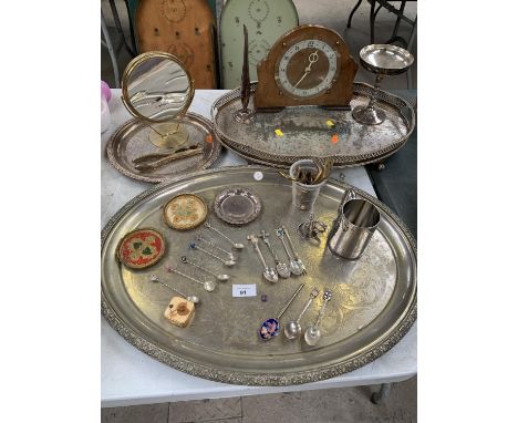 A COLLECTION OF ASSORTED SILVER PLATE AND EPNS ITEMS TO INCLUDE TRAYS, SPOON, GOBLET, BUD VASE ETC 