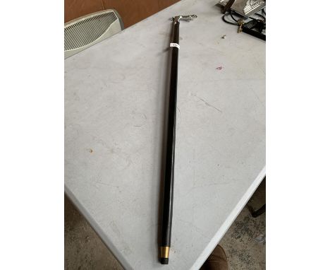 A BLACK WALKING STICK WITH A SILVER METAL JAGUAR HANDLE 