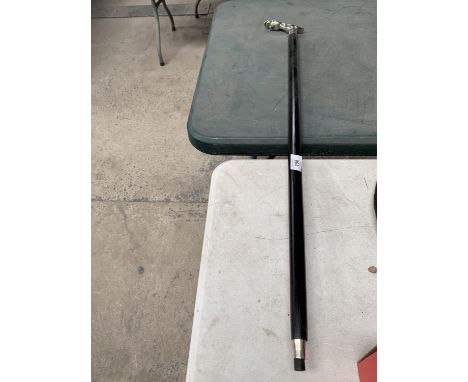 A BLACK WOODEN WALKING STICK WITH JAGUAR CHROME EFFECT HANDLE 